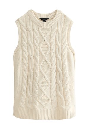 Beżowa kamizelka bez rękawów z wzorem warkoczy i diamentów, z okrągłym dekoltem i prążkowanym dołem.