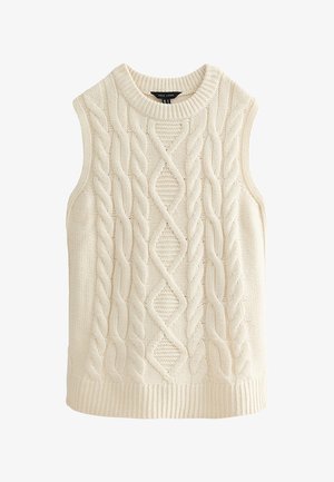 Beżowa kamizelka bez rękawów z wzorem warkoczy i diamentów, z okrągłym dekoltem i prążkowanym dołem.