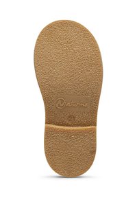 Plantilla de goma marrón con superficie texturizada, que presenta un logo y una talla. Forma redondeada con una ranura central para flexibilidad y comodidad.