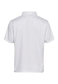 Vit polo skjorta, kortärmad, strukturerad tyg, klassisk krage, rena linjer, inga synliga logotyper eller mönster, vanlig passform.