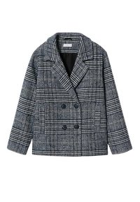 Damen Doppelreiher-Blazer mit schwarz-weißer und grauer Karomuster, Reverskragen und zwei Fronttaschen.