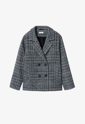 Blazer doppiopetto da donna con motivo a quadri in bianco, nero e grigio, con rever a punta e due tasche frontali.