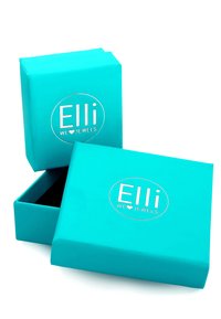 Tyrkis smykkeskrin med mat finish, der har et sølv logo "Elli WE ♥ JEWELS" på forsiden. Låget er delvist åbent, hvilket afslører et sort indre.