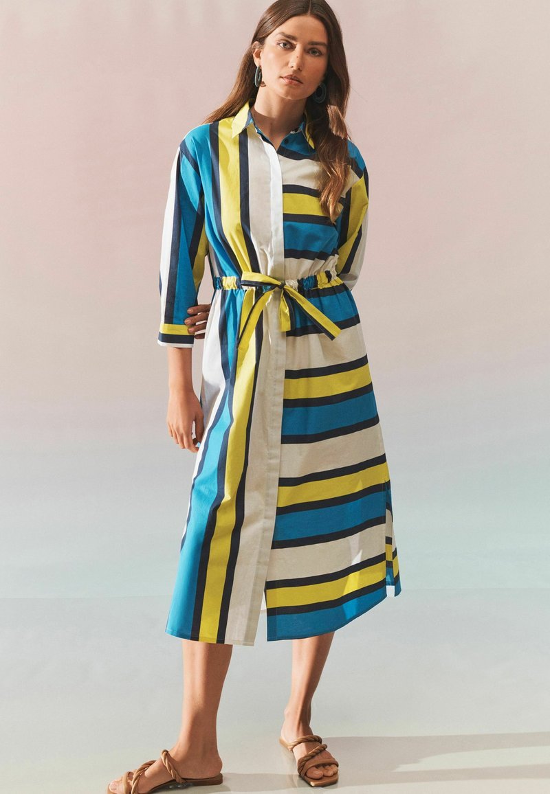 Next COLLARED LONG SLEEVE TIE WAISTED MIDI SHIRT DRESS Blusenkleid blue yellow stripe/blau