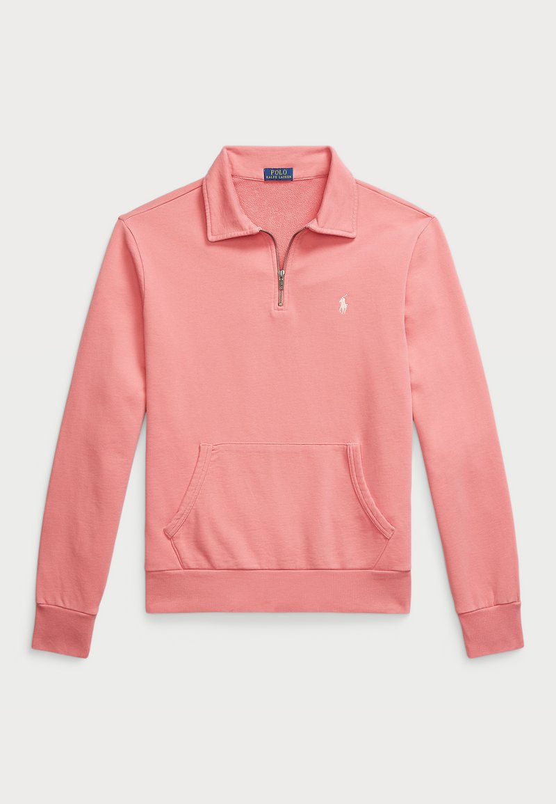 Rosa Sweatshirt mit einem Halb-Reißverschlusskragen, vorderer Kängurutasche, gerippten Bündchen und einem kleinen gestickten Logo auf der Brust.