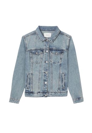 Veste en denim bleu clair avec manches longues, fermeture à boutons sur le devant, deux poches à rabat sur la poitrine et deux poches latérales.