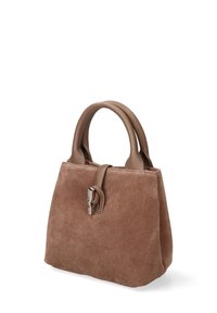 Borsa in suede marrone con manici corti in pelle, una chiusura in tonalità argento e una forma strutturata. Presenta una texture morbida e un design minimalista.