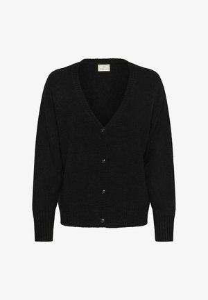 Black cardigan featuring a V-neck, long sleeves, and six button closures. Made from soft fabric with a ribbed textured hem.