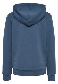 Felpa blu realizzata in tessuto morbido e dalla texture particolare. Presenta un cappuccio cucito a doppio punto, maniche lunghe e un orlo a coste. Vista posteriore.