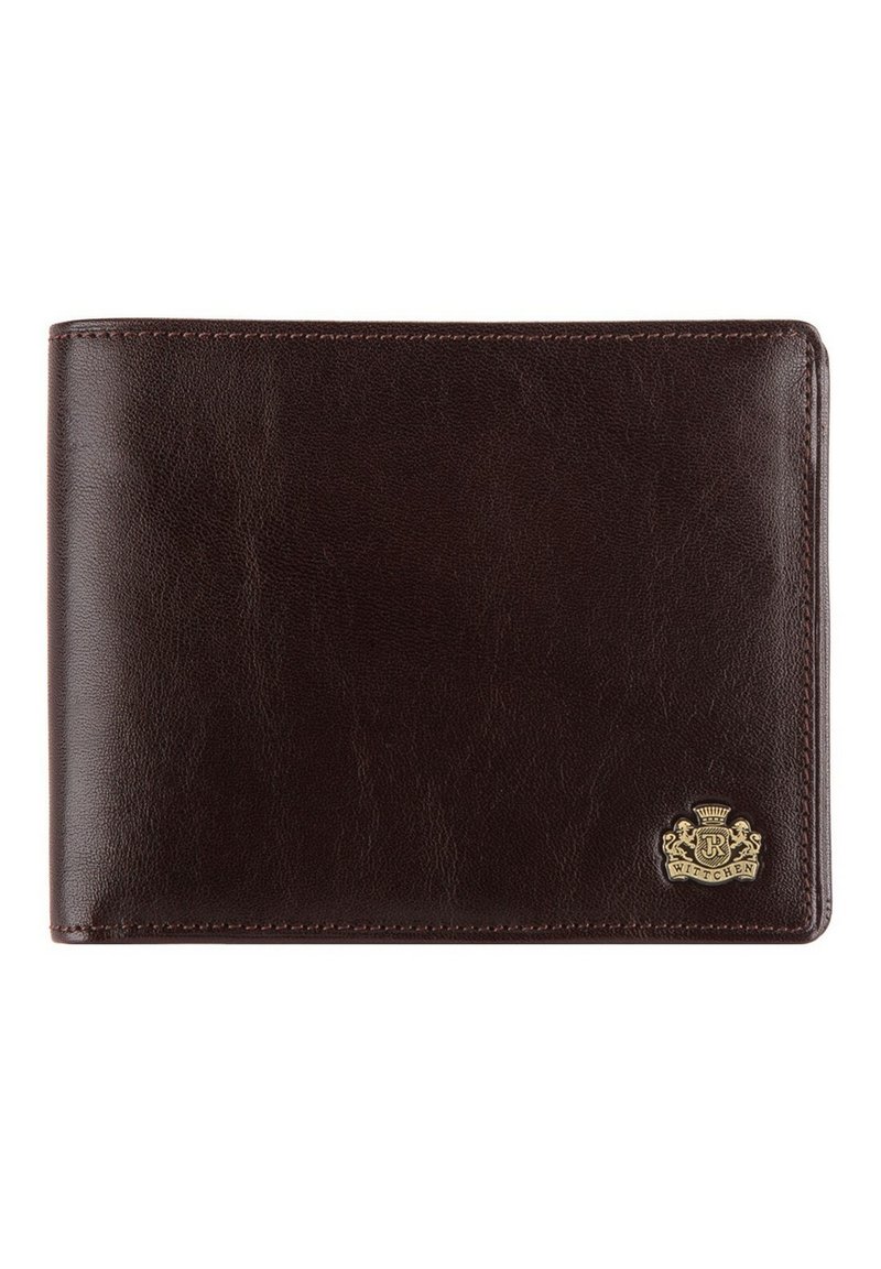 Brown leather wallet with a smooth texture, bi-fold design, visible stitching, and a gold emblem in the bottom right corner.