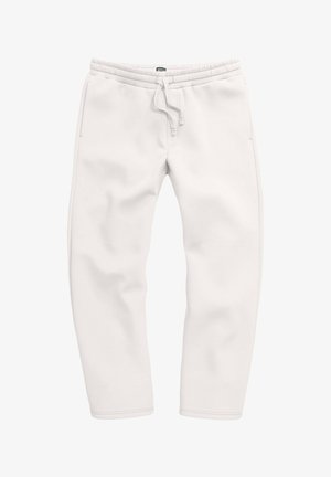 Weiße Jogginghose mit elastischem Bund, Kordelzug und Seitentaschen. Der Stoff hat eine glatte Textur und eine lockere Passform.