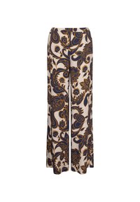 Pantaloni a gamba larga realizzati in tessuto leggero con sfondo crema e motivi floreali blu navy e oro, dotati di una comoda vita elastica.
