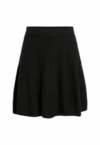Jupe en tricot noire avec un design évasé, une taille élastique et une texture lisse. Aucun motif ni détail matériel présent.