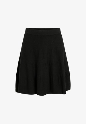 Must mustreen seel, millel on kärbitud disain, elastne vöökoht ja sile tekstuur. Muster ega metalldetailid puuduvad.