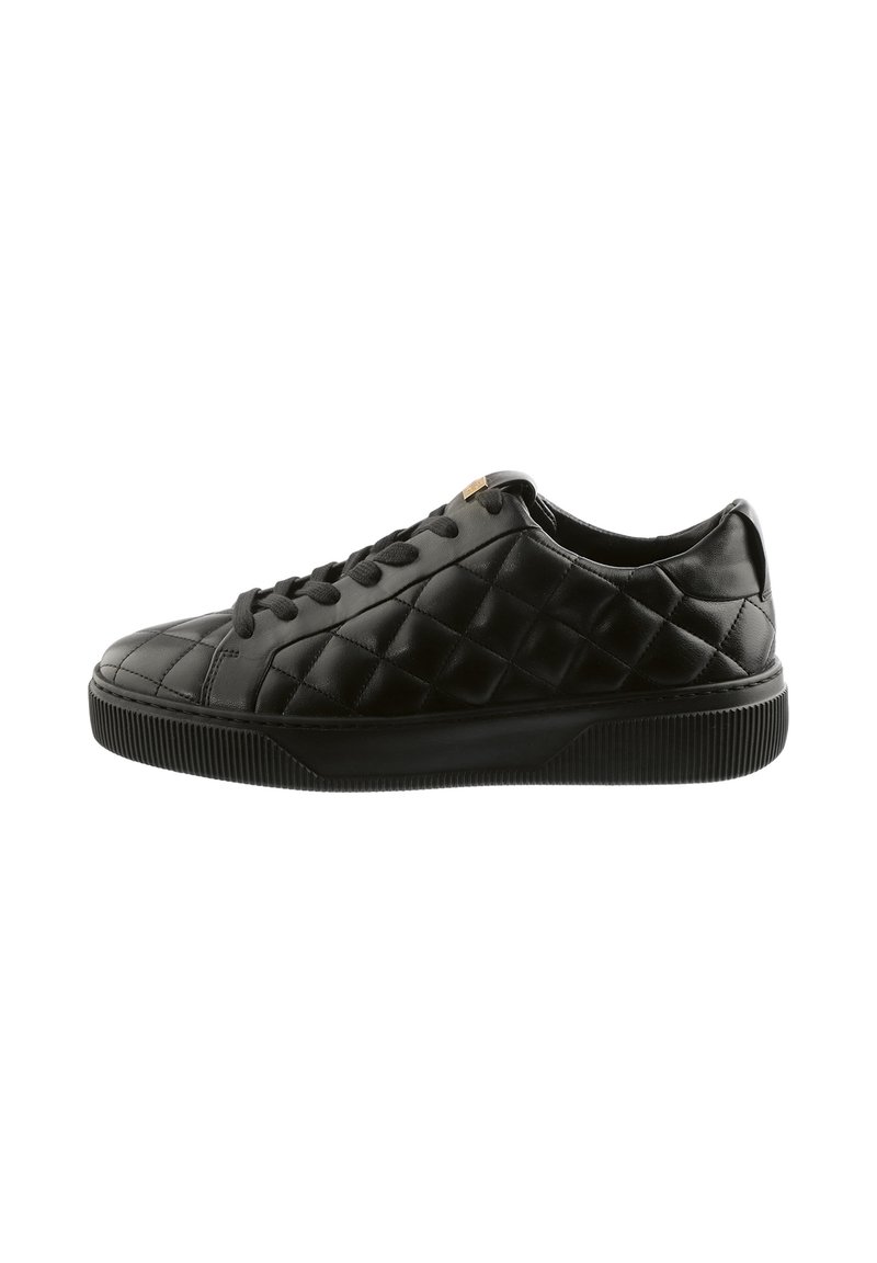 Black quilted leather sneaker with round toe, lace-up front, and textured rubber sole. Features subtle gold hardware on the tongue.