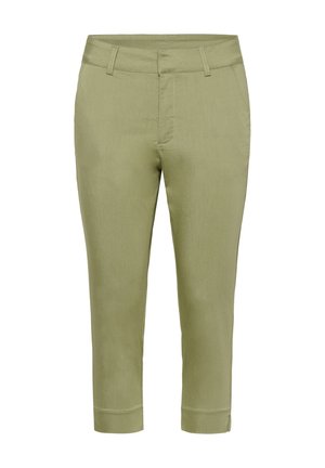 Pantalons courts vert clair avec une texture lisse, coupe droite et ourlets à revers. Comprend des poches avant et une ceinture plate.