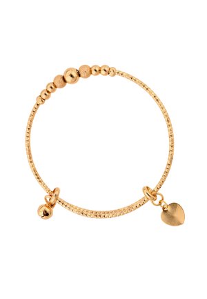 Bransoletka z łańcuszkiem w złotym kolorze o fasetowanej fakturze, ozdobiona małymi i dużymi okrągłymi koralikami, zawieszką w kształcie serca oraz małą dzwoneczkową zawieszką.
