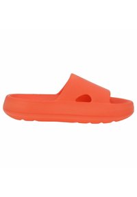 Oranje slide sandalen gemaakt van gestructureerd synthetisch materiaal, met een open teen ontwerp, gladde randen en een ronde zool voor comfort.