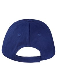 Cappello di cotone blu navy con visiera curva, cinturino in tessuto sul retro e fori di ventilazione per la traspirabilità.