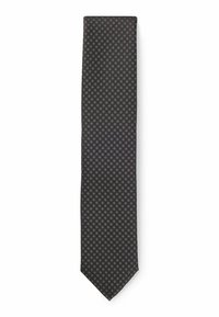 Schwarze Seidenkrawatte mit einem strukturierten Diamantmuster und kleinen weißen Punkten, endet mit einer spitzen Kante. Glatte, elegante Erscheinung.