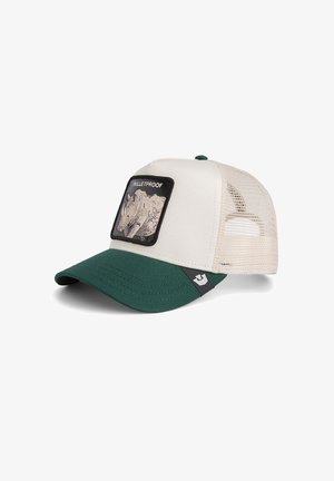 Cappellino da baseball con visiera verde, anteriore bianco, retro in rete e toppa con un rinoceronte e la parola "BULLETPROOF."