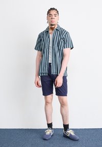 Chemise à manches courtes avec boutons, à rayures verticales bleues et vertes, associée à un short bleu marine et des baskets bleues avec des accents beiges.