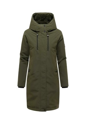 Olijf groene parka jas met een bont gevoerde capuchon, rits en knopen aan de voorkant, twee borstzakken en verstelbare koordjes in de taille en bij de mouwen.