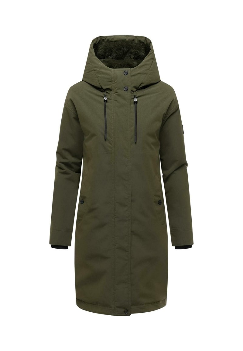 Olijf groene parka jas met een bont gevoerde capuchon, rits en knopen aan de voorkant, twee borstzakken en verstelbare koordjes in de taille en bij de mouwen.