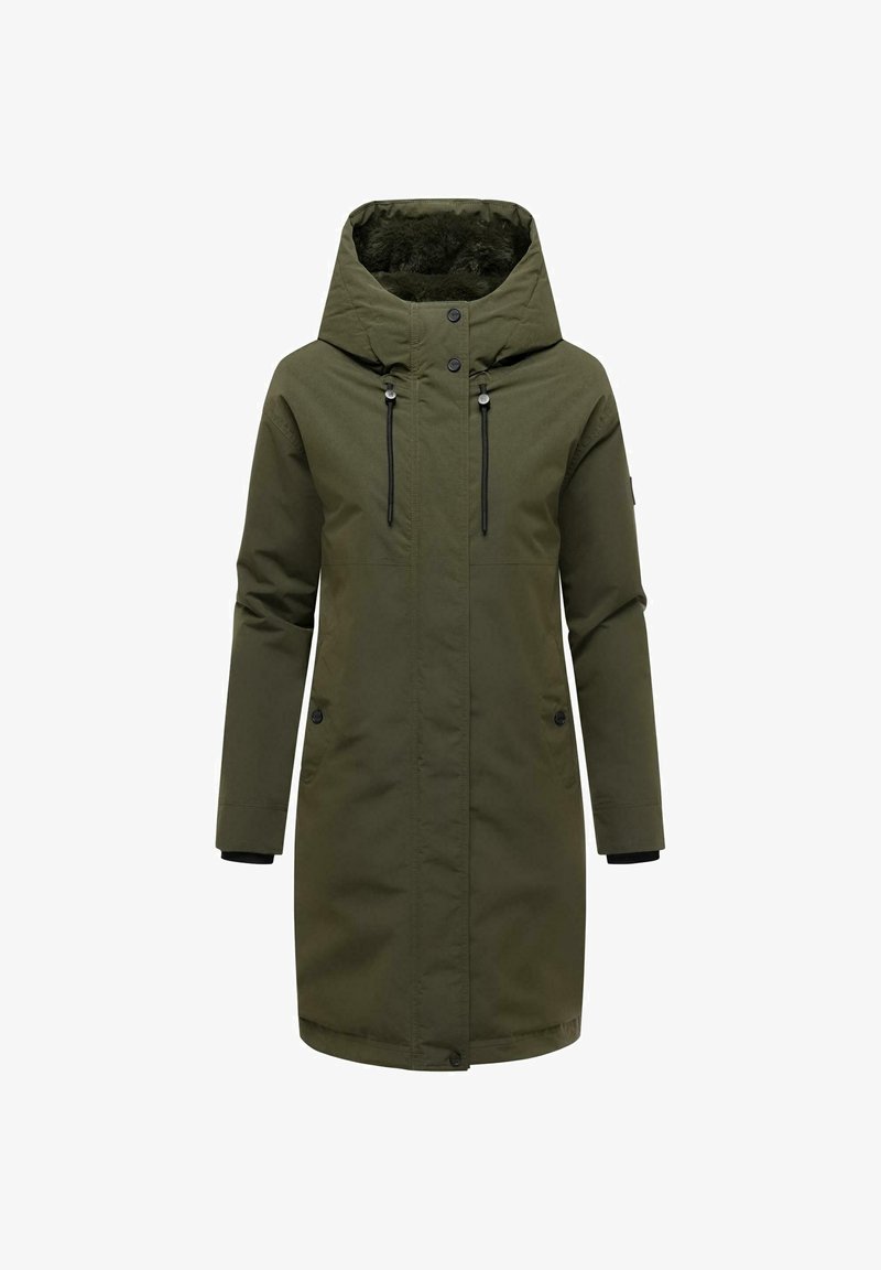Olive green parka jacket with a fur-lined hood, zip and button front, two chest pockets, and adjustable drawstrings at the waist and cuffs.