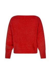 Pull en maille rouge avec un décolleté large, des manches longues et une finition texturée. Le design est court au niveau de la taille avec une coupe décontractée.