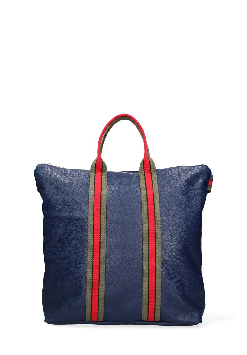 Navy leren tote bag met rood en groen gestreepte handvatten. Zachte textuur, ruime ontwerp en bovenste ritssluiting. Lichtgewicht en draagbaar.