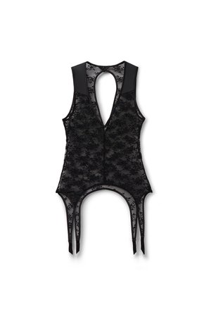 Sort blonder ærmeløs bodystocking med dyb V-udskæring, nøglehul bagpå og fastgjorte seler.