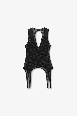 Sort blonder ærmeløs bodystocking med dyb V-udskæring, nøglehul bagpå og fastgjorte seler.