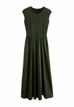 Roheline maksikleidi, millel on kapuutsivarrukad, tekstuurse, kummutatud bodi ja voolava seelikuga, millel on ühelt küljelt lõhike.