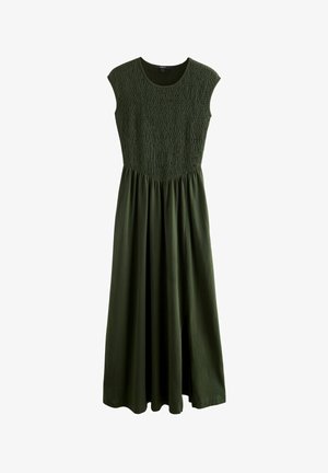 Zelené maxi šaty s krátkymi rukávmi, disponujúce texturovaným, naťahovaným živôtikom a prúdiacou sukňou s rozparkou na jednej strane.