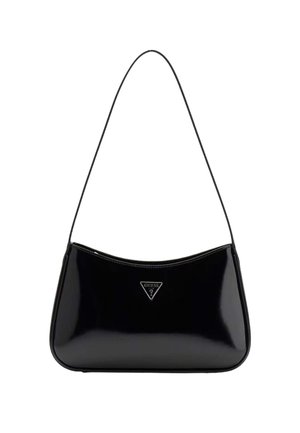 Borsa a tracolla in pelle verniciata nera con placchetta triangolare con logo Guess sul davanti e una singola tracolla sottile.