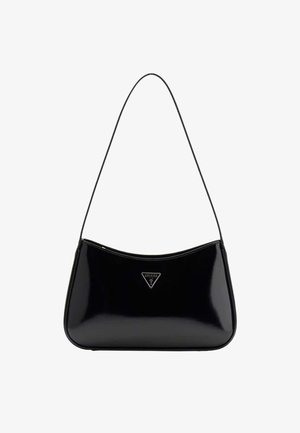Borsa a tracolla in pelle verniciata nera con placchetta triangolare con logo Guess sul davanti e una singola tracolla sottile.