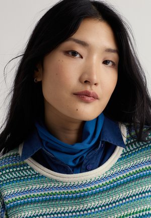 Ung kvinde med langt sort hår iført en blå skjorte, blåt tørklæde og mønstret strikket trøje, der roligt ser på kameraet.