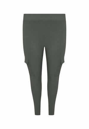 Leggings verts taille haute en tissu extensible, dotés de poches latérales et d'une texture lisse et mate. Design ajusté.
