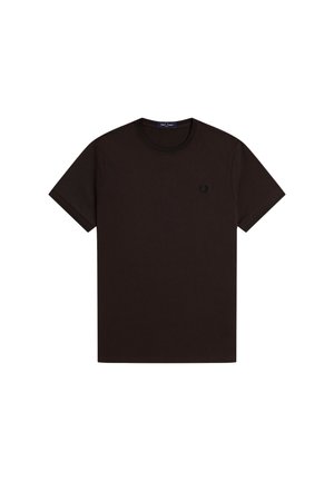 Camiseta negra de manga corta con cuello redondo y un pequeño logo bordado en el pecho izquierdo.