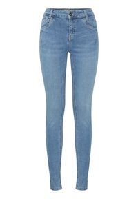 Uske traperice u svijetloplavom denimu, s klasičnim dizajnom od pet džepova i metalnim zatvaračem, uz suptilne detalje izgužvanosti.