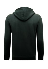 Zwarte hoodie met achteraanzicht, met een eenvoudig ontwerp, een ruime capuchon en lange mouwen. De zachte stoftextuur is zichtbaar.