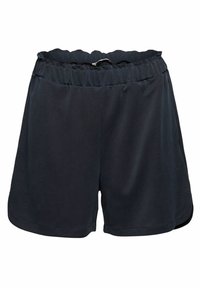 Donkerblauwe sportshorts met een elastische tailleband, trekkoorddetail en zijsplitten voor ventilatie. Zachte, rekbare stof.