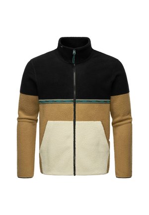 Fleece jacket with a high collar, featuring black, tan, and cream colors. Zipper front, chest stripe detail, and large front pockets.