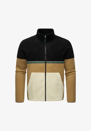 Fleece jack met hoge kraag, uitgevoerd in zwart, beige en crèmekleuren. Voorzijde met rits, borststreepdetail en grote zakken aan de voorkant.