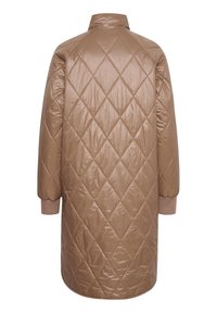 Manteau matelassé marron avec un motif en losanges, col montant et poignets côtelés. Fabriqué en matériau synthétique brillant, il présente une coupe décontractée.