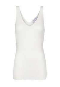 Valge kootud tank top V-kaelusega ja tekstuurse mustriga, kaunistatud lainelise äärisega. Valmistatud pehmest ja kergest kangast. Ilma nähtava riistvaraeta.