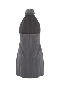 Siva haljina na prugice s halter izrezom, visokim ovratnikom i detaljem gumba na vratu, s pozadinskim patentnim zatvaračem i krojem tijela.