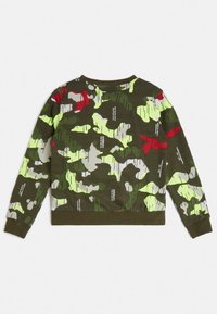 Green camouflage sweatshirt with bright accents in red and neon yellow. Features a round neckline and ribbed cuffs. Soft fabric texture.