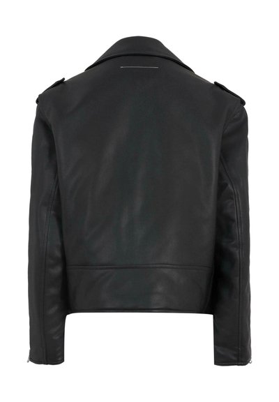 Veste en cuir noir avec un col classique, des poignets zippés et un design court, au toucher lisse et avec un minimum de couture.